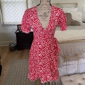 Red Flower Wrap Dress